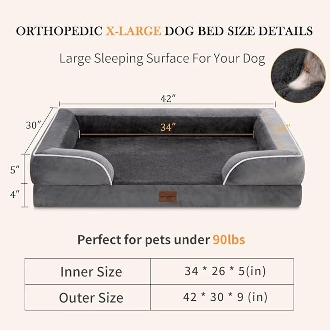 Comfort Expression XL Dog Bed with Bolster, Waterproof Orthopedic Foam Dog Beds for Extra Large Dogs, Washable Dogs Sofa Pet Bed with Removable Cover & Non-Slip Bottom(X-Large,Dark Grey)