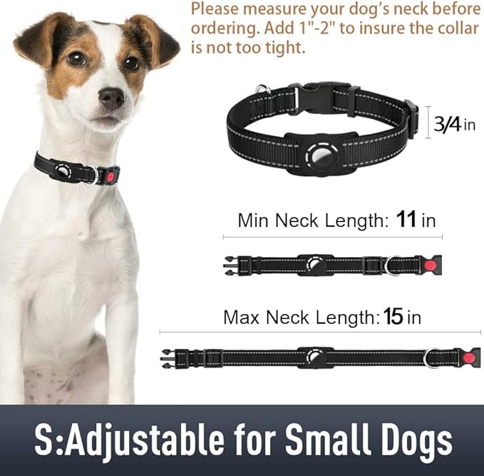 Airtag Dog Collar with AirTag Holder for Small Dogs, Reflective, Soft Padded & Safety Locking Buckle, Nylon Pet Collars Adjustable for All Breeds, Black,S