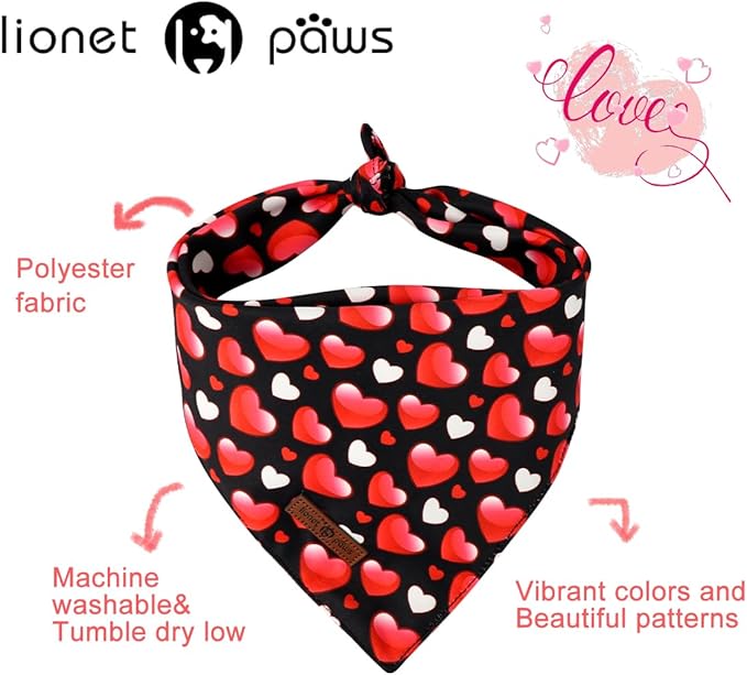 Lionet Paws Valentine's 2pcs Dog Bandanas, Black Heart & Colorful Heart Dog Scarf Bib Premium Fabric, Happy Valentine Love Bandanas for Medium Large Dogs Pets