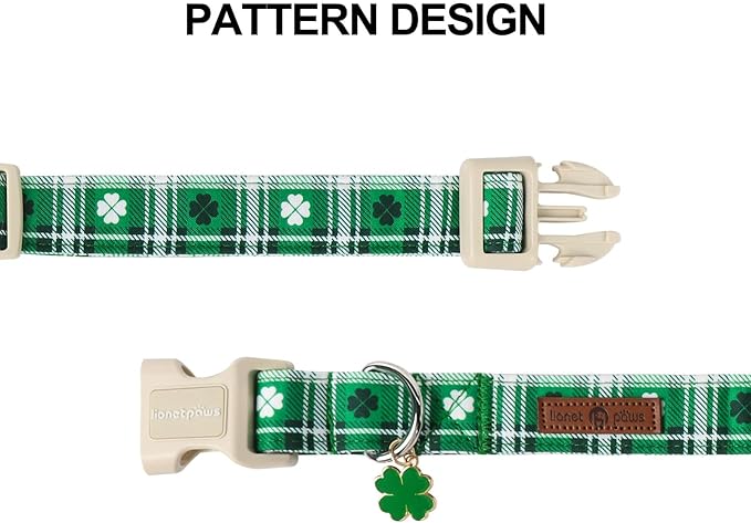 Lionet Paws St. Patrick Dog Collar, Comfortable Adjustable Green Collar with Green Grid Pattern for X-Small Male Female Puppies Dogs Collars, Neck 8-12 inches