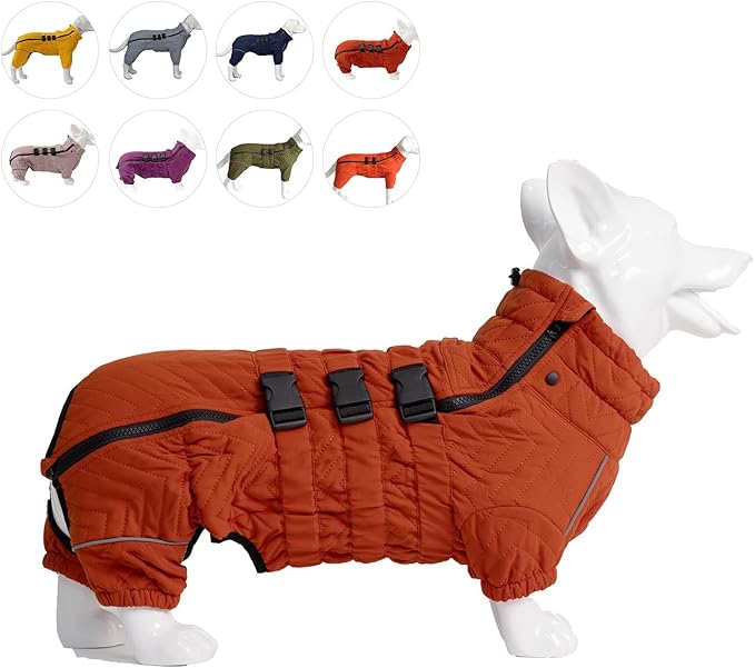 Lovelonglong Warm Dog Coat Double Layers Dog Vest, 4 Legs Covered Windproof Waterproof Reflective Warm Dog Vest Outdoor Skating Dog Costume for Corgis Dachshund Dog Orange D-S