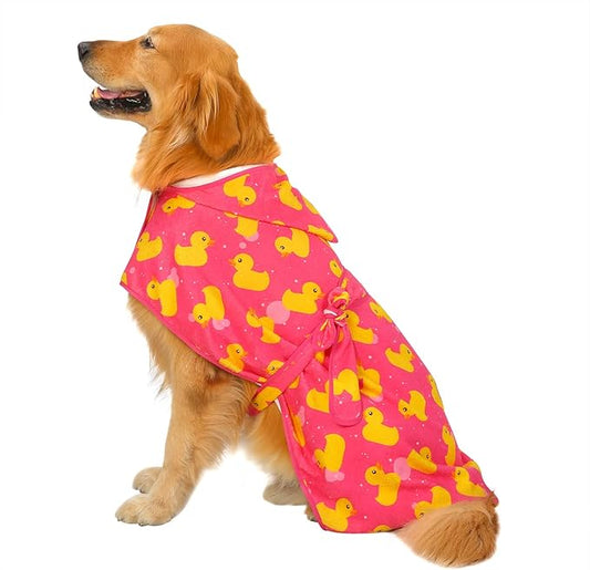 HDE Dog Bathrobe Super Absorbent Quick Drying Towel with Hood for All Dog Breeds Sizes S-XXL - Pink Rubber Ducks - L
