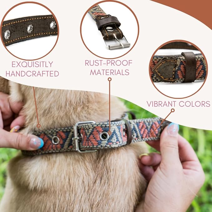Western Dog Collar - Leather Embroidered Design for Small Medium Large Dogs & Puppy Pets - Aztec Southwest for Boy and Girl Female & Male Dogs - Collar para Perros (Small, Bronze Olive)