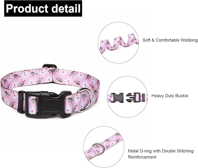 Adjustable Dog Collar with Patterns, Ultra Comfy Soft Nylon Breathable Pet Collar for Small Medium Large Dogs (L, Pink White Flower)