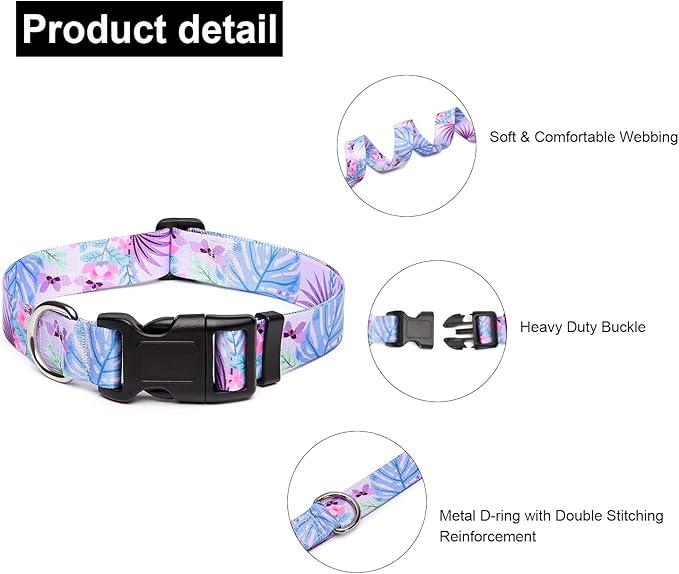 Adjustable Dog Collar with Patterns, Ultra Comfy Soft Nylon Breathable Pet Collar for Small Medium Large Dogs (L, Purple Flower)