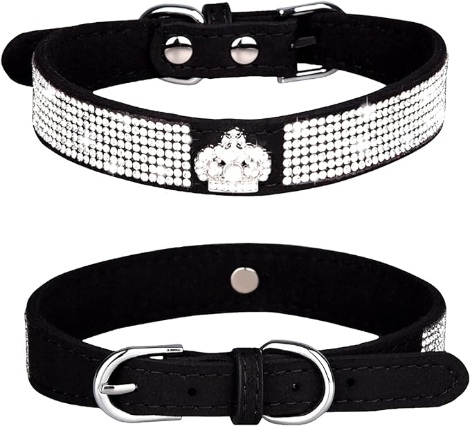 Rhinestone Dog Collar, Cute Dazzling Sparkling Soft Suede Leather Dog Cat Rhinestone Collar Crystal Diamond Pet Dog Puppy Collar (L, Black-4)