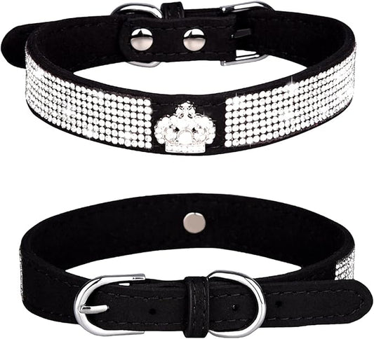 Rhinestone Dog Collar, Cute Dazzling Sparkling Soft Suede Leather Dog Cat Rhinestone Collar Crystal Diamond Pet Dog Puppy Collar (XS, Black-4)
