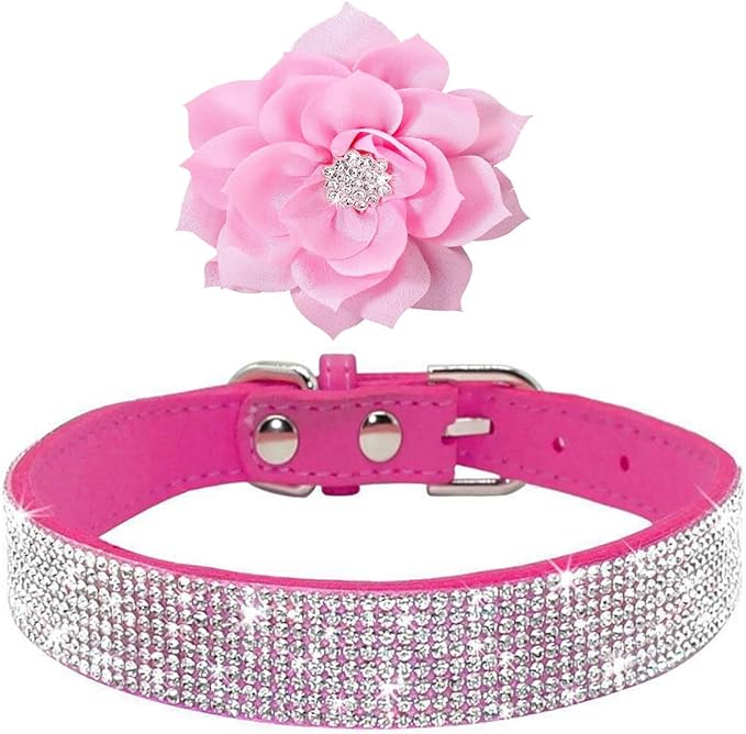 Rhinestone Dog Collar, Cute Dazzling Sparkling Soft Suede Leather Dog Cat Rhinestone Collar Crystal Diamond Pet Dog Puppy Collar (Hot Pink5, M), Medium