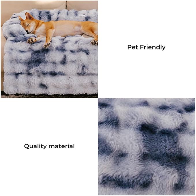 FUNNYFUZZY Calming Dog Bed Mat, Fluffy Fuzzy Couch Cover for Sofa, Furniture Protector with Removable Washable Cover for Large Medium Small Dogs and Cats (Tie-dye Blue,33.45 × 28.35 × 5.51 in)