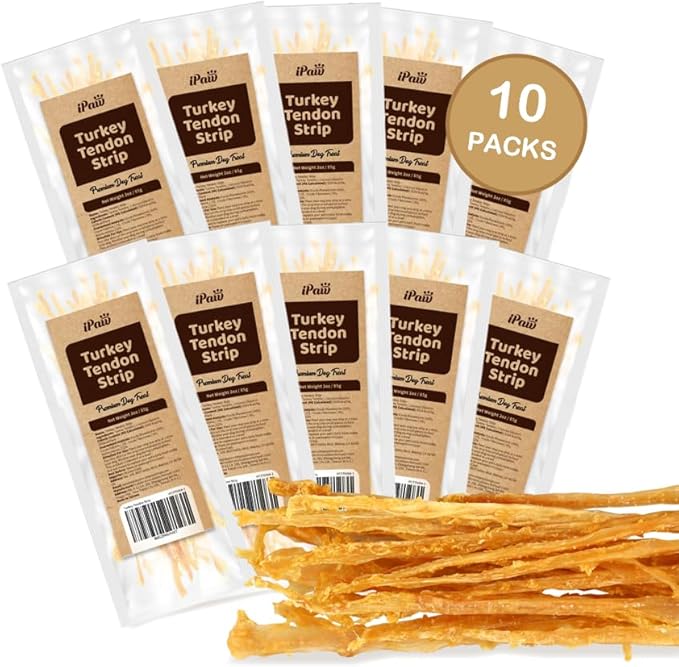 Turkey Tendons for Dogs, 100% Turkey and US Sourced Raw Material, Hypoallergenic, All Natural Human Grade Puppy Chew, Rawhide Alternative Dog Treats, 10 Unit/Packs Strip