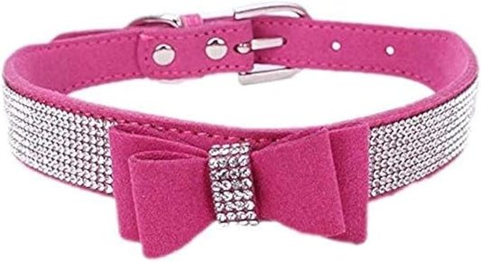 Rhinestone Dog Collar, Cute Dazzling Sparkling Soft Suede Leather Dog Cat Rhinestone Collar Crystal Diamond Pet Dog Puppy Collar (XS, Hot Pink-1)