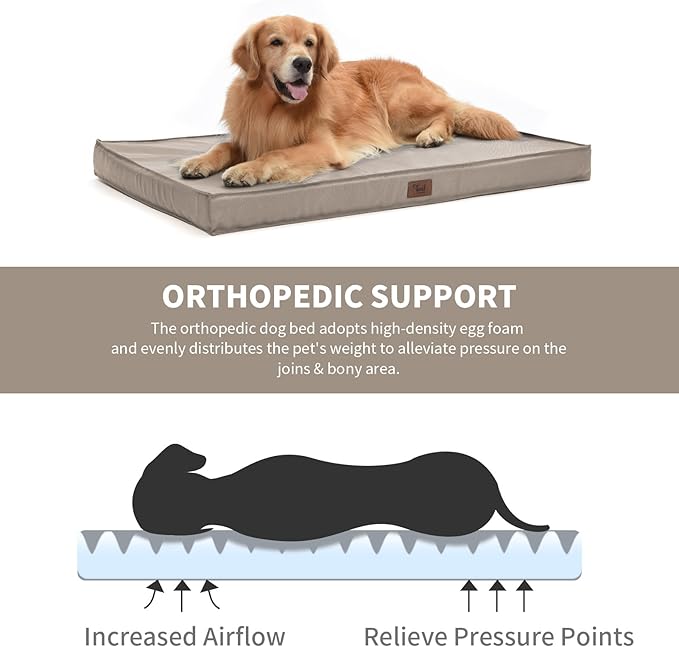 Dog Crate Bed Washable Dog Beds for Large Dogs, Big Waterproof Orthopedic Dog Bed with Egg Crate Foam Pet Bed Mat, Removable Oxford Cooling Cover, Khaki