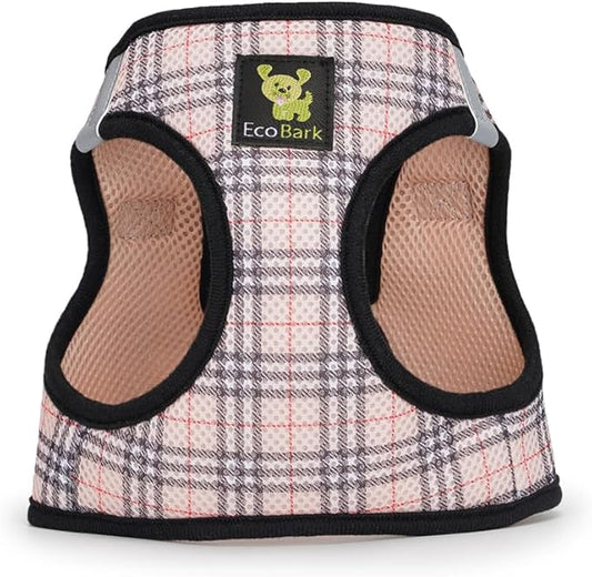 EcoBark Step in Dog Harness - Eco-Friendly Teacup Dog Harnesses for XXS, XS, and Small Dogs - Reflective and Adjustable Mini Body Halter Vest -Tiny Soft Mesh Toy Breed Harness (Beige Plaid, XS)
