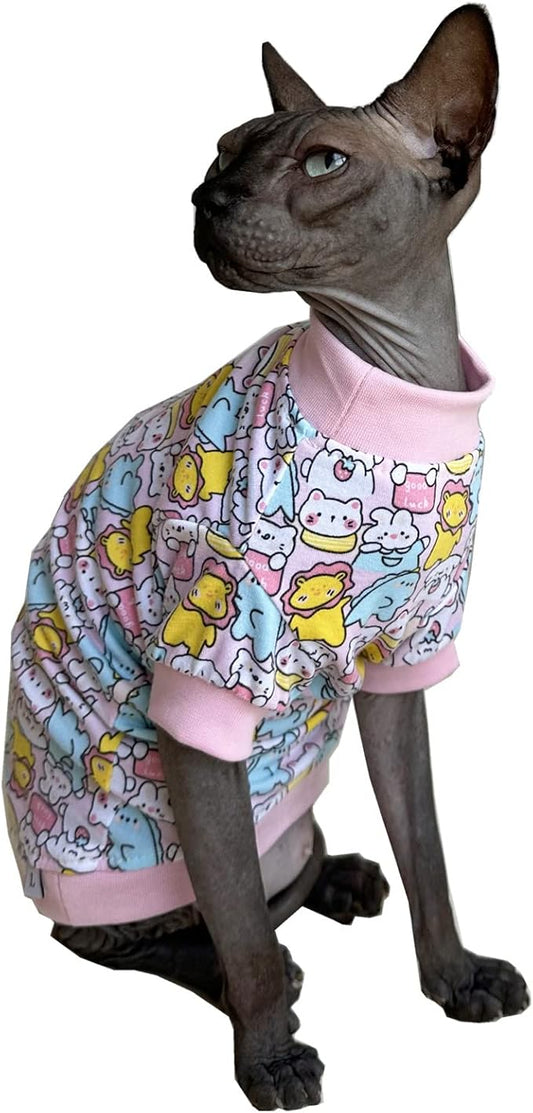 Sphynx Hairless Cat Cute Summer Cotton T-Shirts Pet Clothes,Round Collar Kitten Shirts Cats Apparel (Cute Animals, Small (Pack of 1))