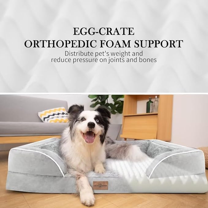 Comfort Expression XXL Orthopedic Foam Dog Bed for Extra Large Dogs, Waterproof Orthopedic Dog Beds, Washable Dogs Sofa Beds with Removable Cover & Non-Slip Bottom(XX-Large,Grey White)