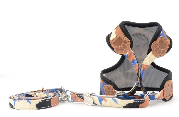 SMALLLEE_LUCKY_STORE Small Dog Cat Mesh Harness and Lead no Escape Adjustable Padded Military Camo Blue, S (Chest:9.5"-13.5",Weight 2-6.5lbs)