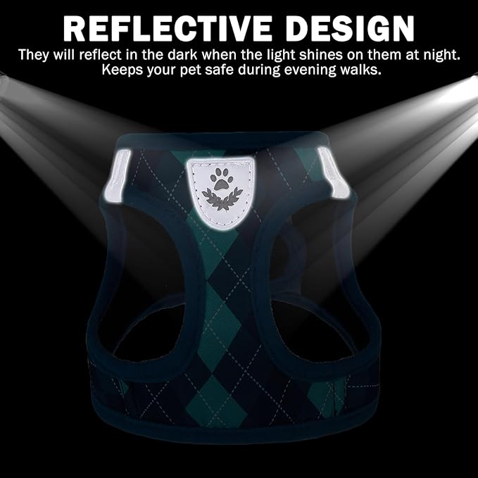 SCENEREAL Dog Harness Collar and Leash Set, Step-in No Pull Pet Vest Harnesses for Small Medium Dogs Puppy Cats, Soft Mesh No-Chock Reflective Vest Harness for Outdoor Walking Running, Blue Plaid M