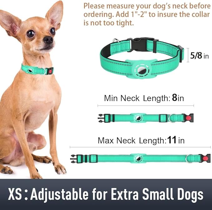 Airtag Dog Collar with AirTag Holder for Puppy Small Dogs, Reflective, Soft Padded & Safety Locking Buckle, Nylon Pet Collars Adjustable for All Breeds, Teal,XS