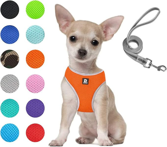 Puppy Harness and Leash Set- XS and Small Dog Harness- Soft Mesh Halter- Adjustable Reflective Teacup Dog Harness- No Pull No Choke (XS, Orange)