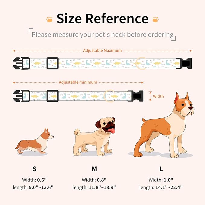 Cotton Dog Collar,Adjustable Cute Puppy Collar with Moon Patterned Design for Small Medium Large Dogs,Soft and Fancy Pet Collar with Safety Buckle for Girl Boy Dogs (Yellow Dinosaur, S)