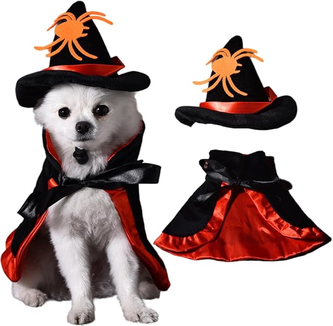 Dog Cats Witch Halloween Costume Cape Suit, Spider Wizard Cloak & Hat for Puppy Cosplay Clothes Apparel, Pets Cute Outfit Dress Up Accessories for Halloween Party Decor