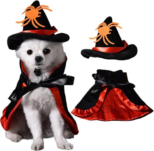 Dog Cats Witch Halloween Costume Cape Suit, Spider Wizard Cloak & Hat for Puppy Cosplay Clothes Apparel, Pets Cute Outfit Dress Up Accessories for Halloween Party Decor