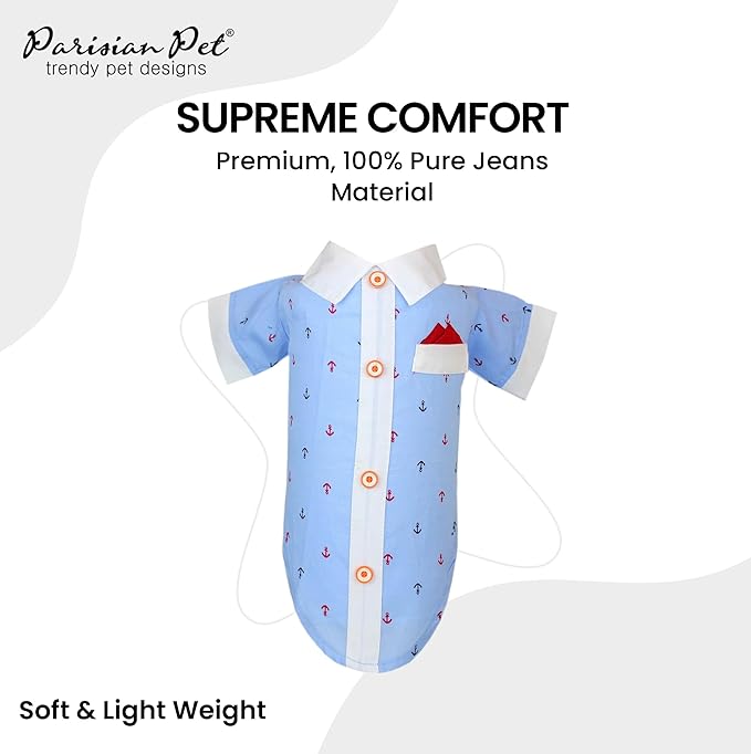 Parisian Pet Dog Shirt - Dog Nautical Costume - 100% Cotton Anchor Dog Clothes - Sleeved Doggie Shirt - Blue and White Dog Costumes for Small Dogs S