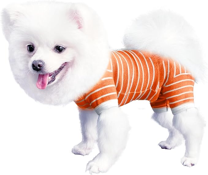 TONY HOBY Female/Male Pet Dog Pajamas Stripes 4 Legged Dog pjs Jumpsuit Soft Cotton Dogs Clothes(S, Orange+White-Girls)
