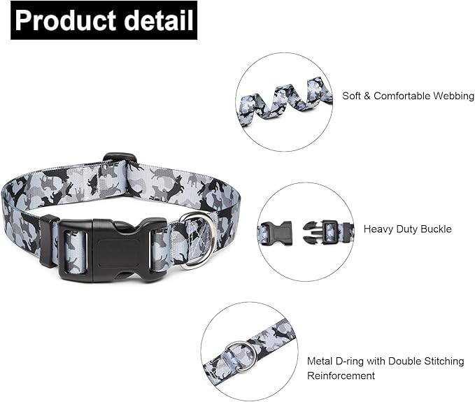 Adjustable Dog Collar with Patterns, Ultra Comfy Soft Nylon Breathable Pet Collar for Small Medium Large Dogs (L, Dog Camouflage Grey)