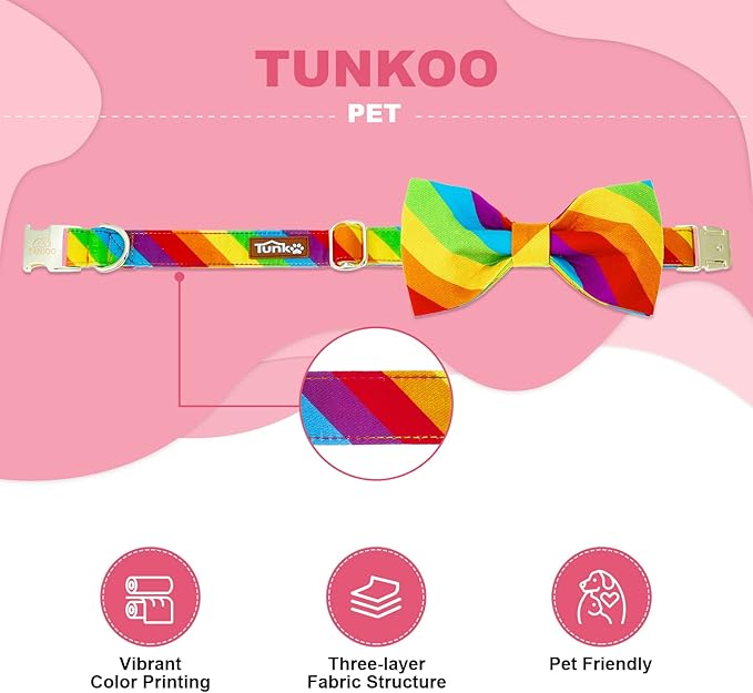 Tunkoo Rainbow Dog Collar with Very Pretty Bow Tie for LGBT Pride Month - Adjustable and Comfortable Collar for Large Medium Small Pet S