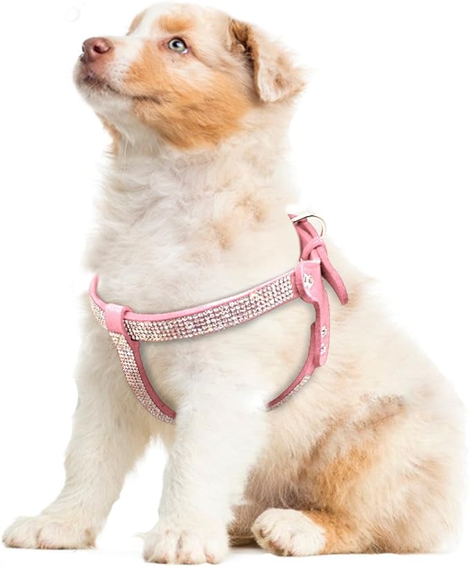 Beirui Soft Suede Leather Dog Harness and Leash Set - Rhinestone Dog Harness Sparkly Crystal Vest & 4 ft Lead for Small Medium Large Dogs Pets Poodle Beagle Corgi,Pink,Chest for 17-20"