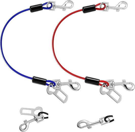 Dog Seat Belt for Car, 32" Chew-Proof Coated Wire Dog Car Leash Seat Belt, Dog Leash with Buckles and Latch, Safety Harness for Small, Medium, Large Dog or Cat, Travel, Red + Blue, 2 Pack