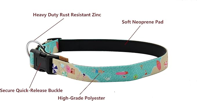 Dog Collar, Cute Holiday in Beach Pattern, Neoprene Padded and Adjustable Collar with Quick Release Buckle, Reinforced Structure (L (Neck 18-28", Width 1"), Beach Green)