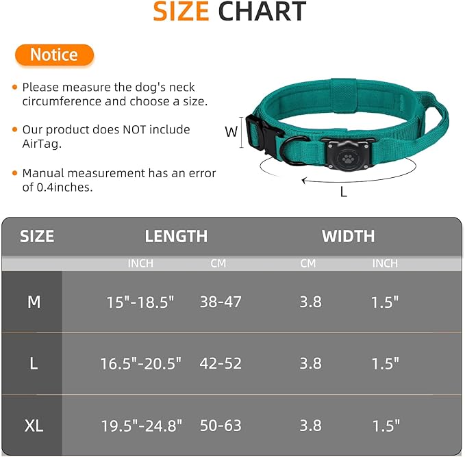 Tactical AirTag Dog Collar, 100% Waterproof Integrated Apple Air Tag Dog Collars with Hard PC AirTag Holder, Adjustable Military Collar with Handle, GPS Dog Collar for Medium Large Dog (Blue, M)