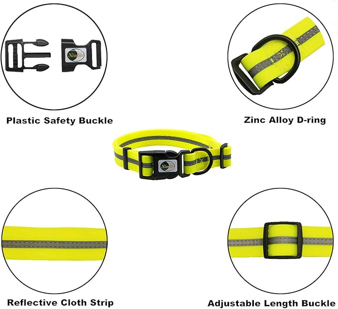 NIMBLE Dog Collar Waterproof Pet Collars Anti-Odor Durable Adjustable PVC & Polyester Soft with Reflective Cloth Stripe Basic Dog Collars S/M/L Sizes (Large (15.35”-24.8”inches), Fluorescent Yellow)