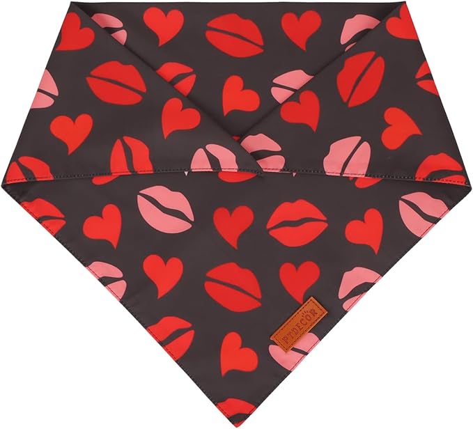 PTDECOR Valentine Dog Bandana,Black Red Lip Love Heart Design Reversible Dog Scarf, Triangle Valentine Bandanas for X-Large Pets (X-Large)