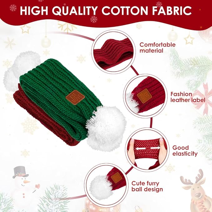 SlowTon Dog Knitted Scarf, 2 Pack Dog Warm Bandanas, Winter Holiday Decoration Scarf for Small Medium Large Dogs (Red,Green)