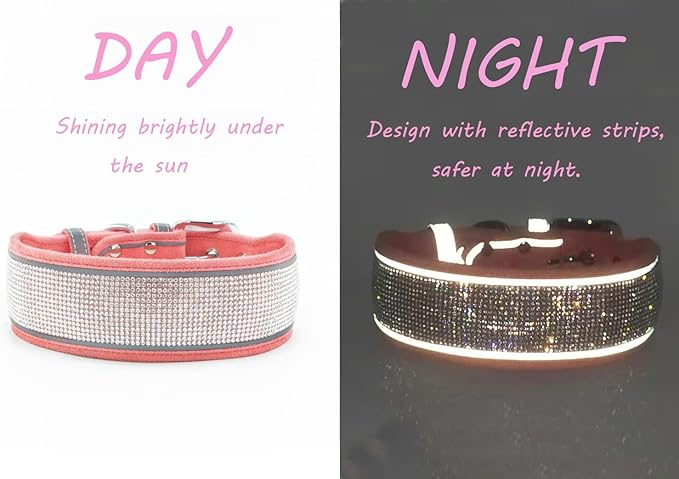 Bling Diamond Dog Collar for Females Girls,Soft Velvet Leather with Fancy Sparkly Crystal Rhinestones,Reflective Stripe,Suit Medium Large Dogs (Red, L)