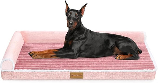 Patas Lague Orthopedic Jumbo Dog Bed for Extra Large Dogs 56''X40'', Waterproof Comfortable L Shaped Jumbo Non-Slip Soft Warm Pet Sofa Sleep Bed mat with Removable Washable Cover, Pink