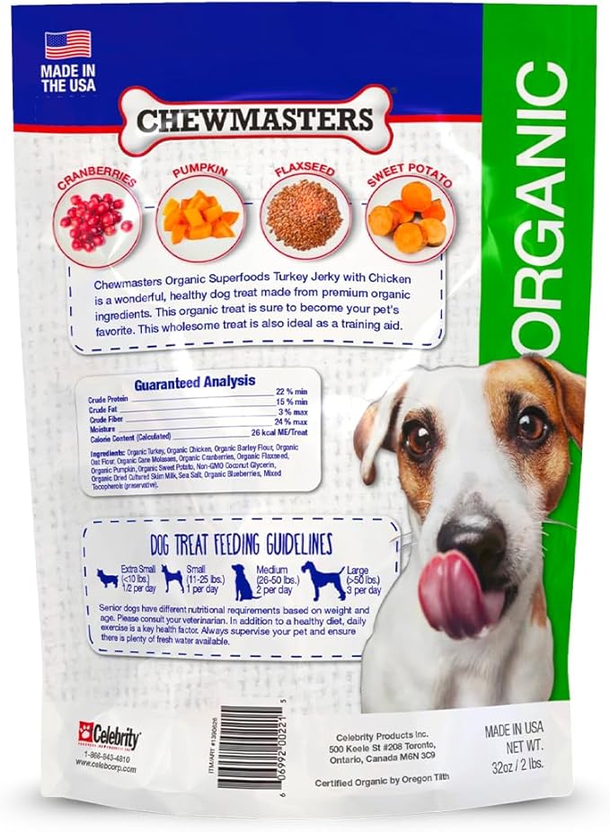 Organic Superfoods Turkey Jerky Dog Treats with Chicken, 2 Pound Bag, USDA Premium Organic Turkey, Made in The USA, by-Product Free, Real Meat Dog Treat, All Life Stages