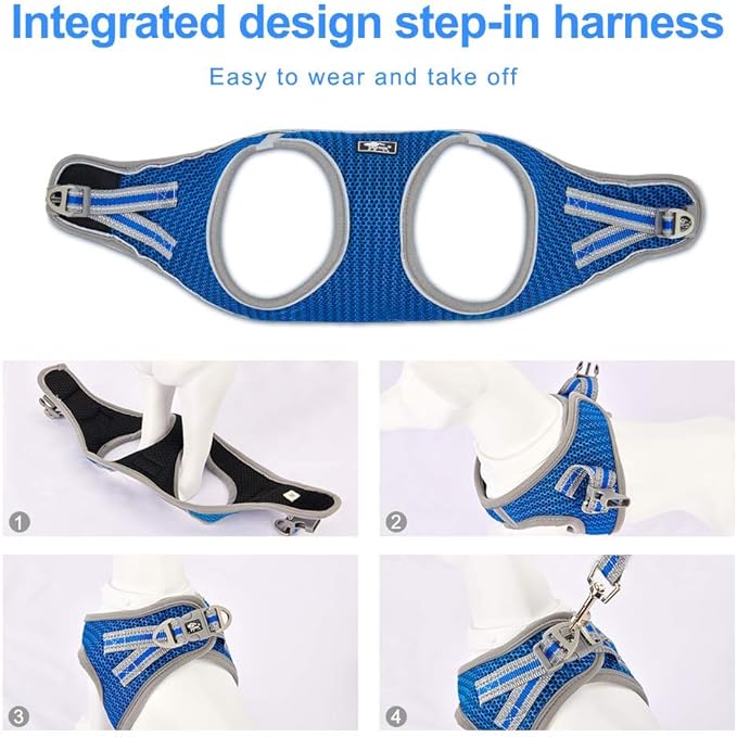 Dog and Cat Universal Harness with Leash - Cat Harness Escape Proof - Adjustable Reflective Step in Dog Harness for Small Dogs Medium Dogs - Soft Mesh Comfort Fit No Pull No Choke, Blue, L