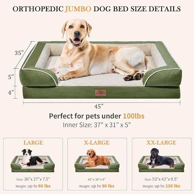 Comfort Expression Orthopedic Dog Beds for Jumbo Breed Large Dogs, Jumbo Dog Beds Waterproof, PV Washable Pet Sofa Couch with Removable Cover & Non-Slip Bottom(Light Green)