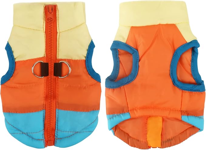 Idepet Pet Dog Cat Coat with Leash Anchor Color Patchwork Padded Puppy Vest Jacket Teddy Chihuahua Costumes Pug Cloth XS S M L (Large (Pack of 1), Sky Blue)