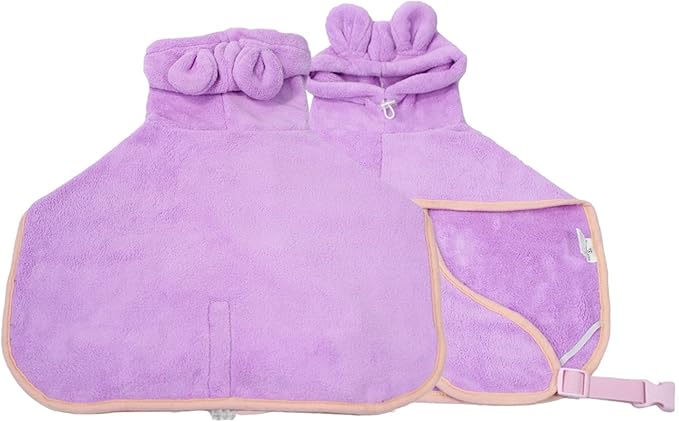 Dog Bathrobe, Microfiber Fast Drying Absorbent Hooded Bath Towel for Puppy Small Medium Large Dog Cat(Purple,XS)