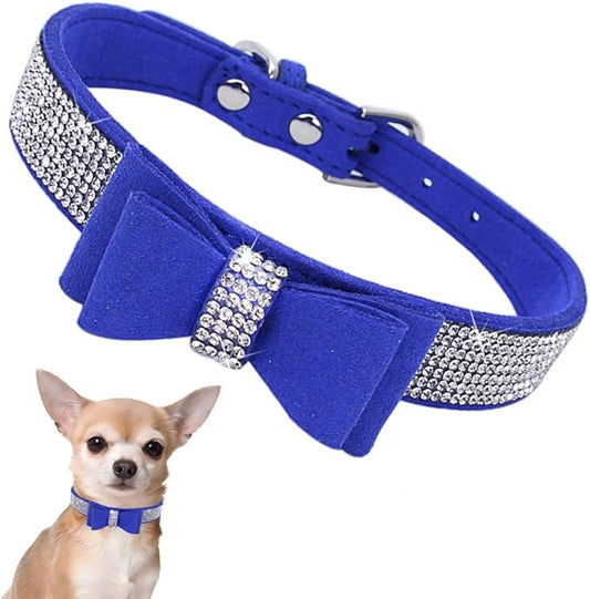 Rhinestone Dog Collar with Bow Tie, Cute Knot Crystal Bling Diamond Glitter Puppy Collars for XXS XS Small Medium Large Pet Girls Dogs Female Cats, Blue Medium