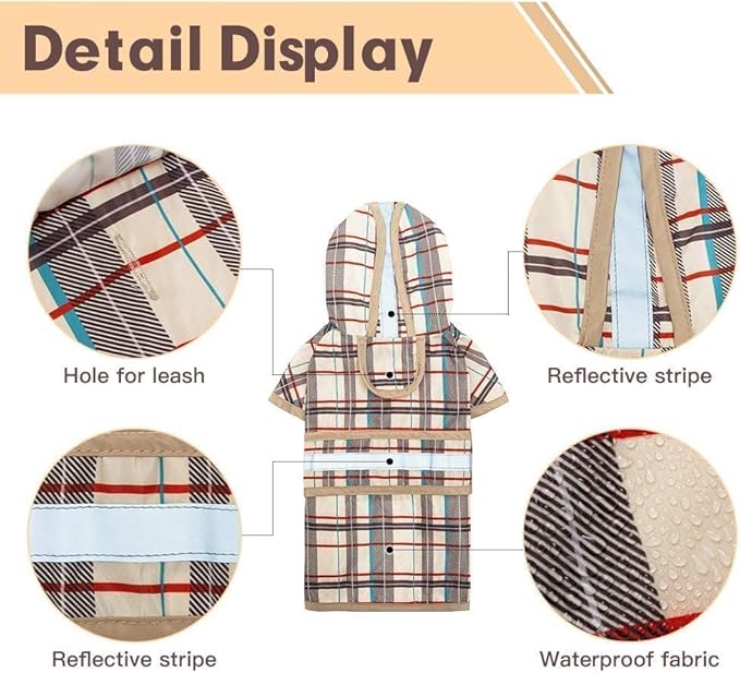 KOOLTAIL Dog Raincoat Hooded Slicker Poncho with Leash Hole, Raincoat for Small Medium Dogs, Waterproof Doggie Rain Jacket with Reflective Strip, Adjustable Breathable Plaid Puppy Rainwear-Beige