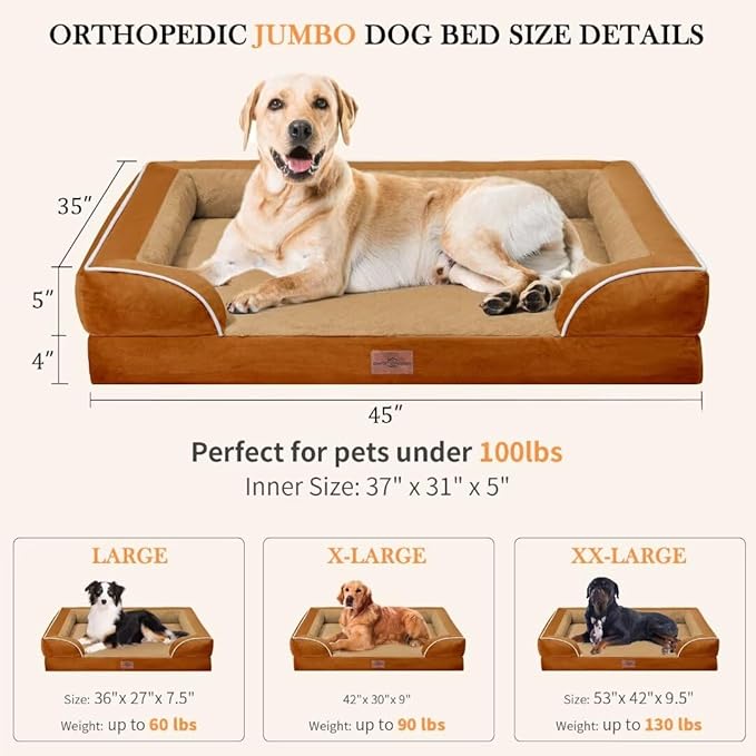 Comfort Expression Orthopedic Dog Beds for Extra Large Dogs, PV Washable Dogs Sofa Beds Jumbo, Waterproof Dog Bed with Removable Cover & Non-Slip Bottom(Jumbo,Caramel)
