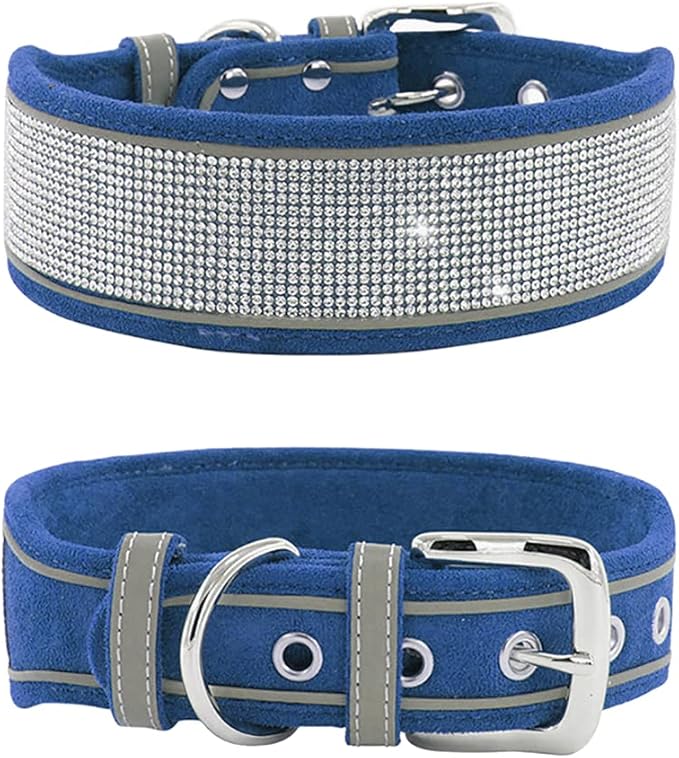 Bling Rhinestone Dog Collar Soft Comfortable Stylish Dog Collar with Bright Reflective Stripe Premium Adjustable Diamond Crystal Pet Collar for Small Medium and Large Dogs (M, Blue)