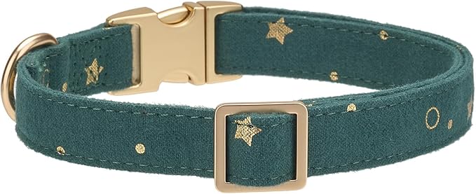 Cotton Dog Collar with Metal Buckle Adjustable Soft Dog Collars with Gold Star for Small Medium Large Dogs,Dark Green,Medium