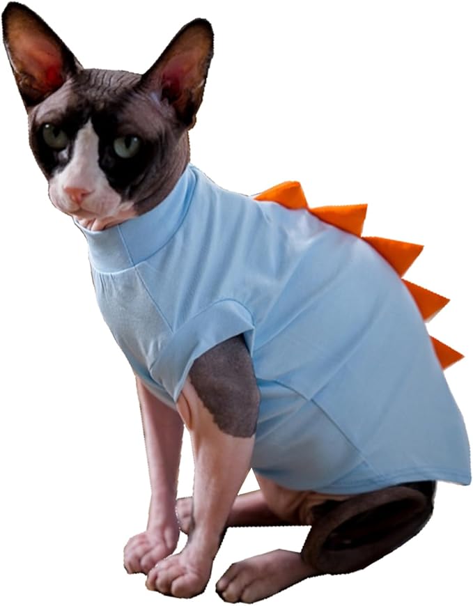 Dinosaur Sphynx Hairless Cat Clothes Cute Summer Cotton Shirts Cat Costume Pet Clothes Kitten T-Shirts Cats Small Dogs Apparel (Lake Blue, XX-Large)